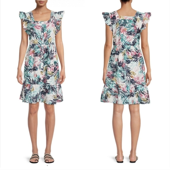 beachlunchlounge Dresses & Skirts - BEACHLUNCHLOUNGE Flutter Sleeven Linen Blend Button Front Floral Dress SZ L